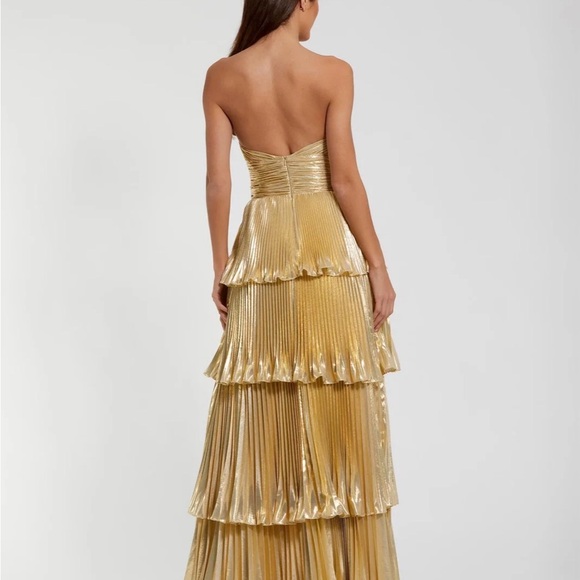 Mac Duggal Metallic Gold Strapless Tiered Pleated Gown - Picture 3 of 6